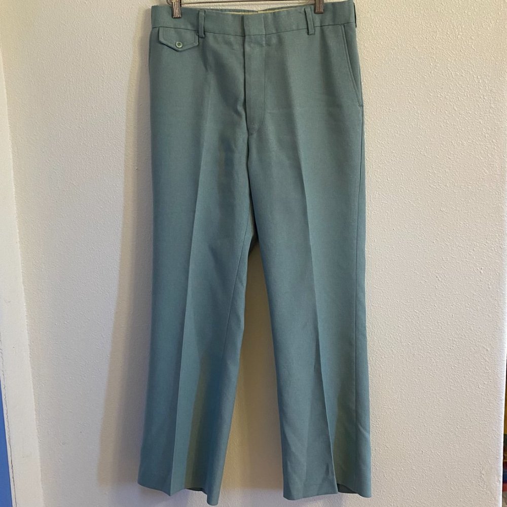 Vintage Light Blue Green Polyester Trousers Unisex Waist 33